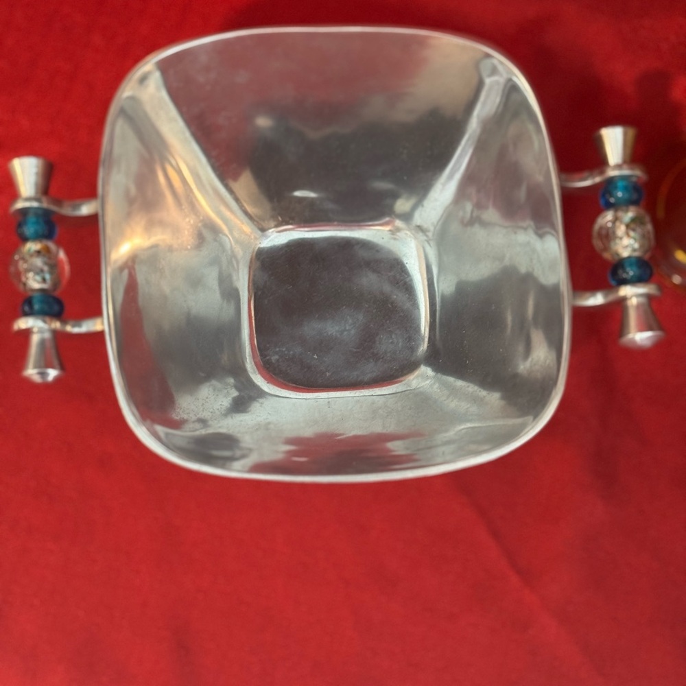 Silver Bowl with Blue Beaded Accent Handles.